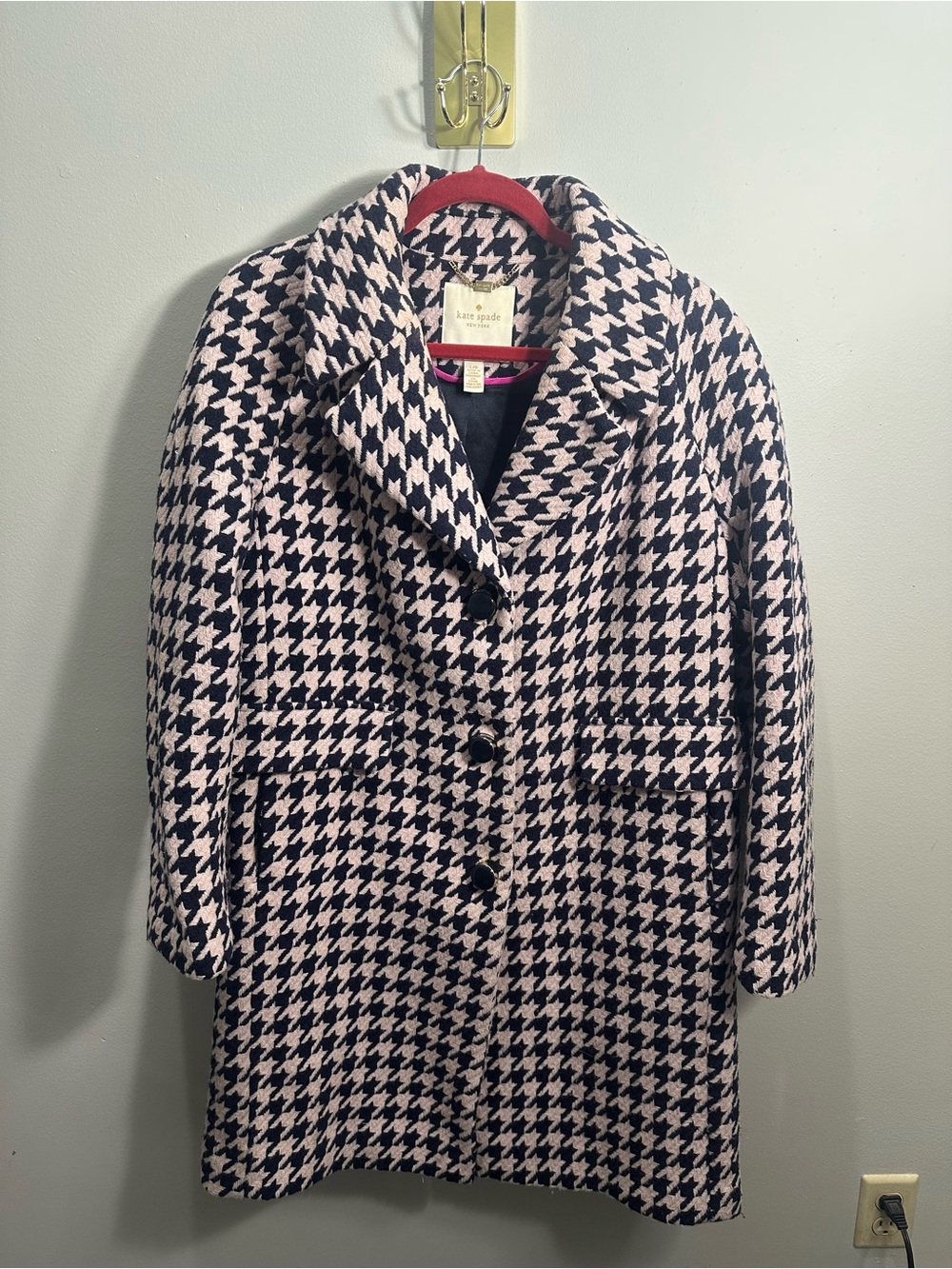 Kate Spade New York Pink & Navy Houndstooth Wool Blend Coat Large